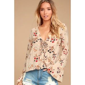 Blush Floral Print Long Sleeve Lace-Up Top